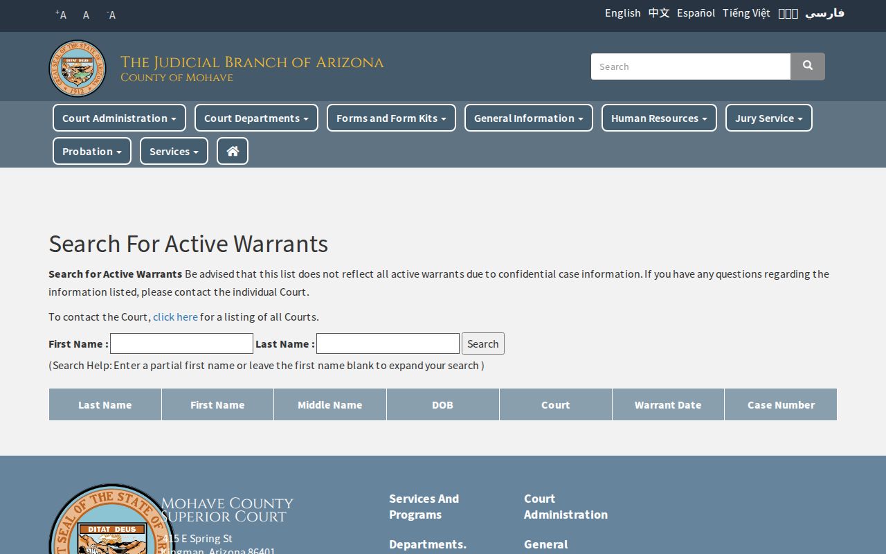 Mohave County criminal court case active warrant search