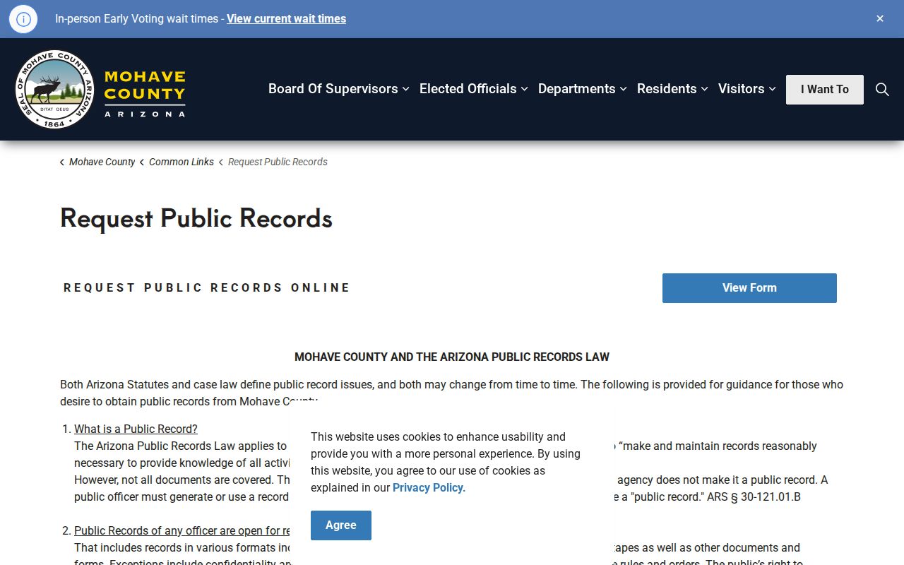 Mohave County criminal history public records request page