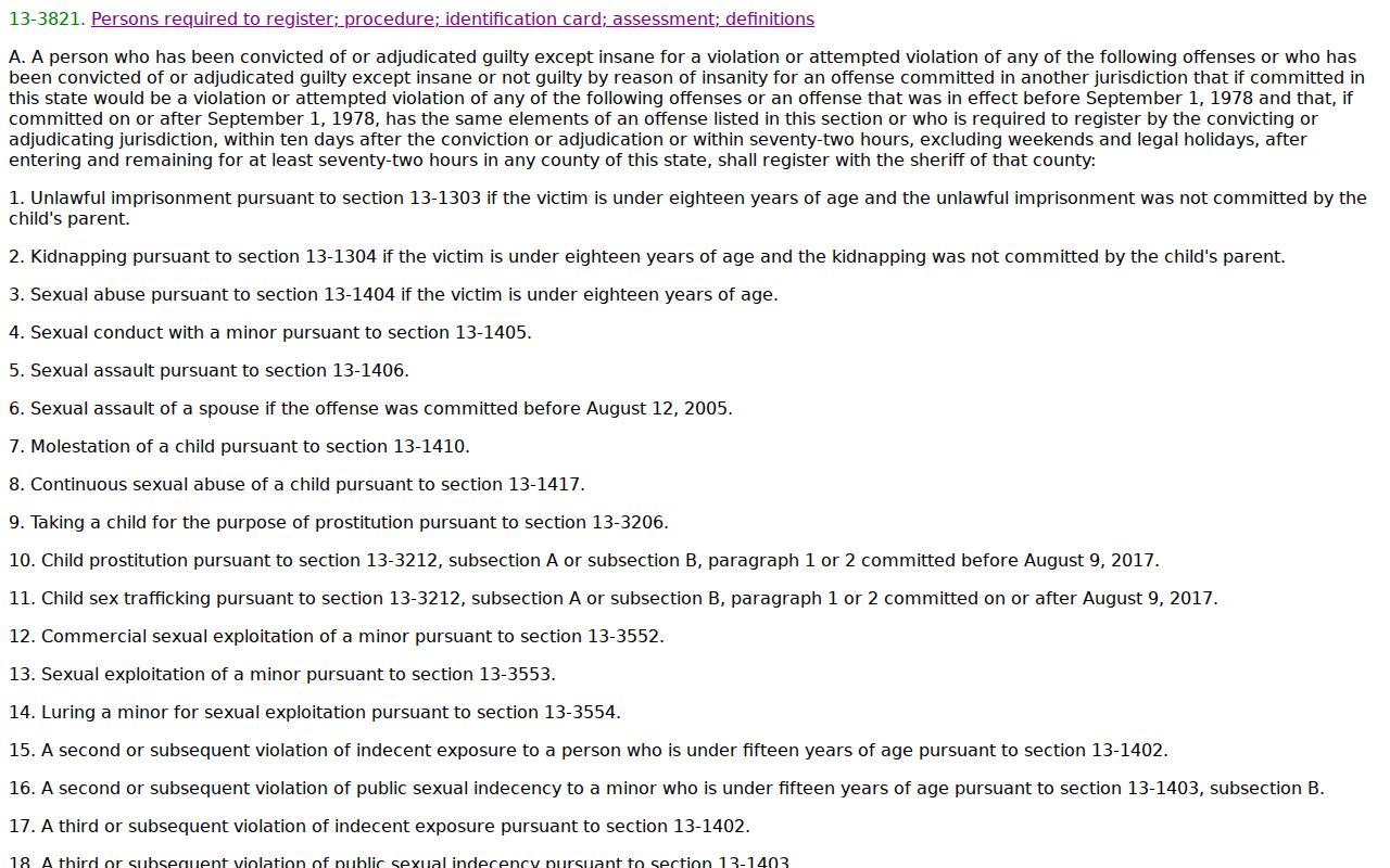 Mohave County sex offender registration law under Arizona statute